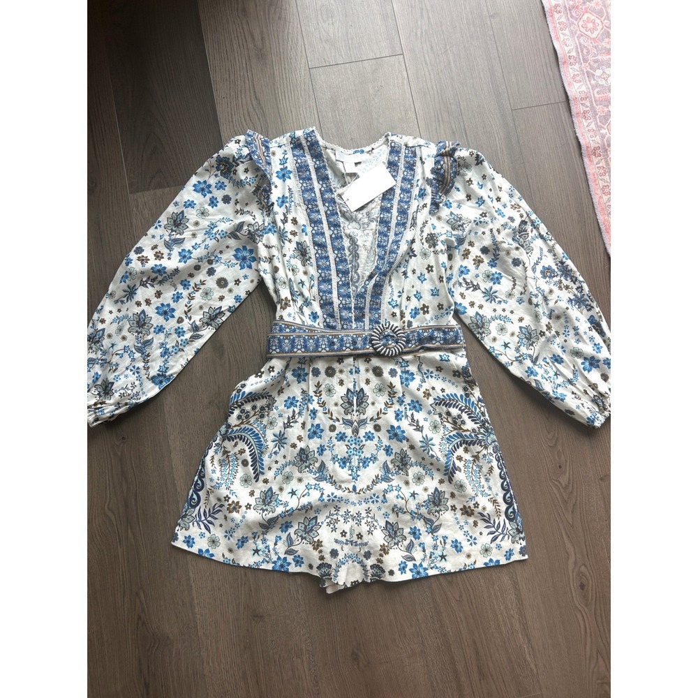 Caroline Constas Blue White Belted Floral Linen Romper Ruffle V-Neck NWT Medium